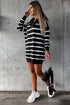 Striped O-Ring Zip Front Collared Drop Shoulder Long Sleeve Sweater Dress